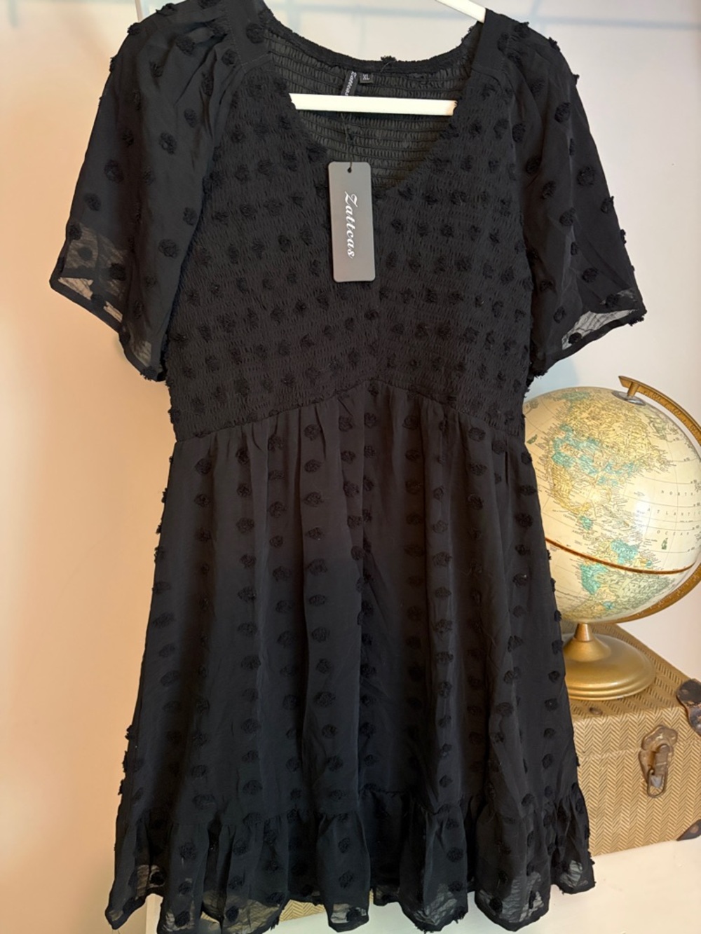 Zattacas Black Mini Dress with Textured Dot Detail